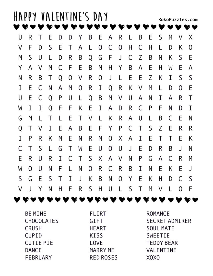 Valentine’s Day Word Search Free Printable Download RokoPuzzles