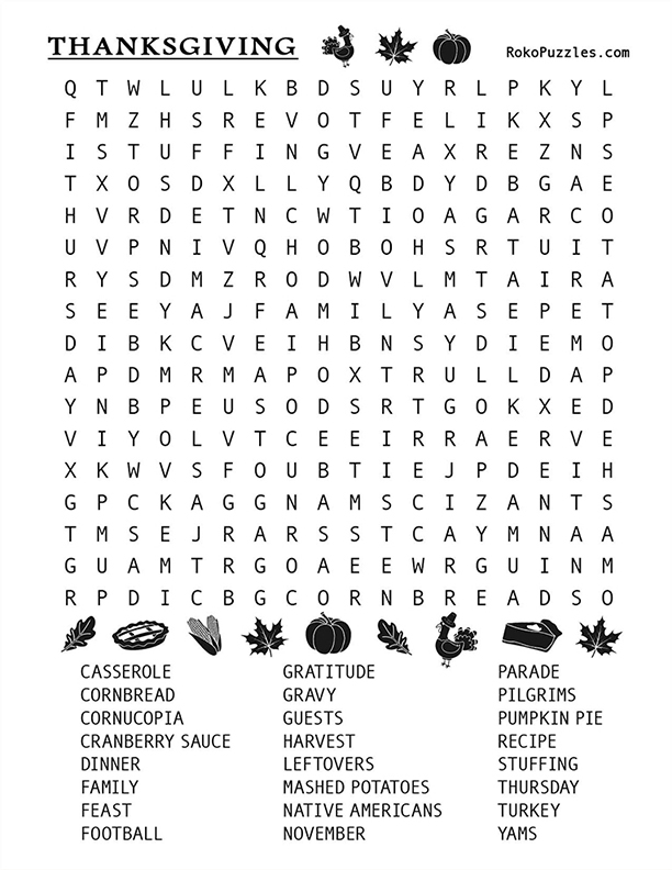 Thanksgiving Large Print Word Search Free Printable Download Rokopuzzles