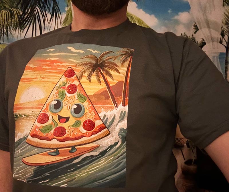 Pizza slice surfing ocean waves t-shirt.