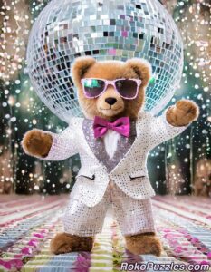 1970's teddy bear wearing a white suit, bowtie, and pink sunglasses with a disco ball, ai art.