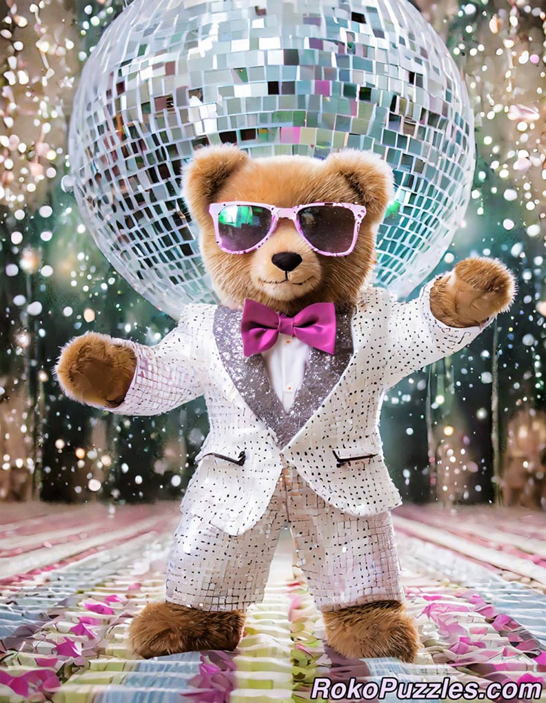 1970's teddy bear wearing a white suit, bowtie, and pink sunglasses with a disco ball, ai art.