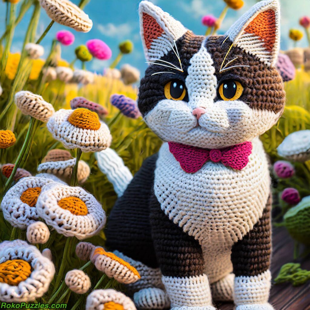 Crochet cat in flowers cute craft ai art, appears to be made out of yarn.