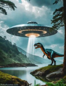 Prehistoric times with a trex dinosaur and a ufo emitting a light beam. Ai art.