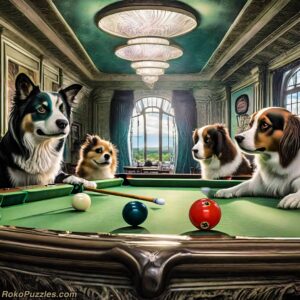 Dogs playing pool in the style of a velvet painting, ai art.