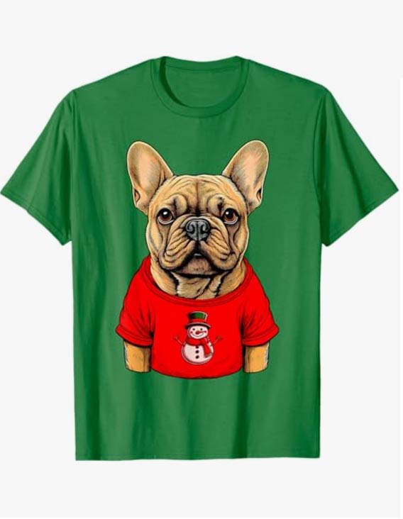 Frenchie french bulldog illustration wearing a red-snowman tshirt graphic.