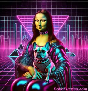 Mona Lisa holding a frenchie in 1980's synth wave style avant-garde ai art.