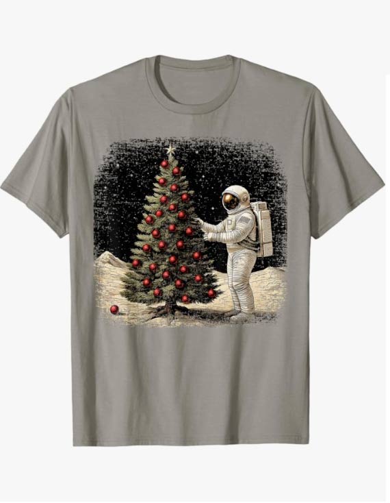 Distressed tshirt graphic of space astronaut on the moon decorating a christmas tree.