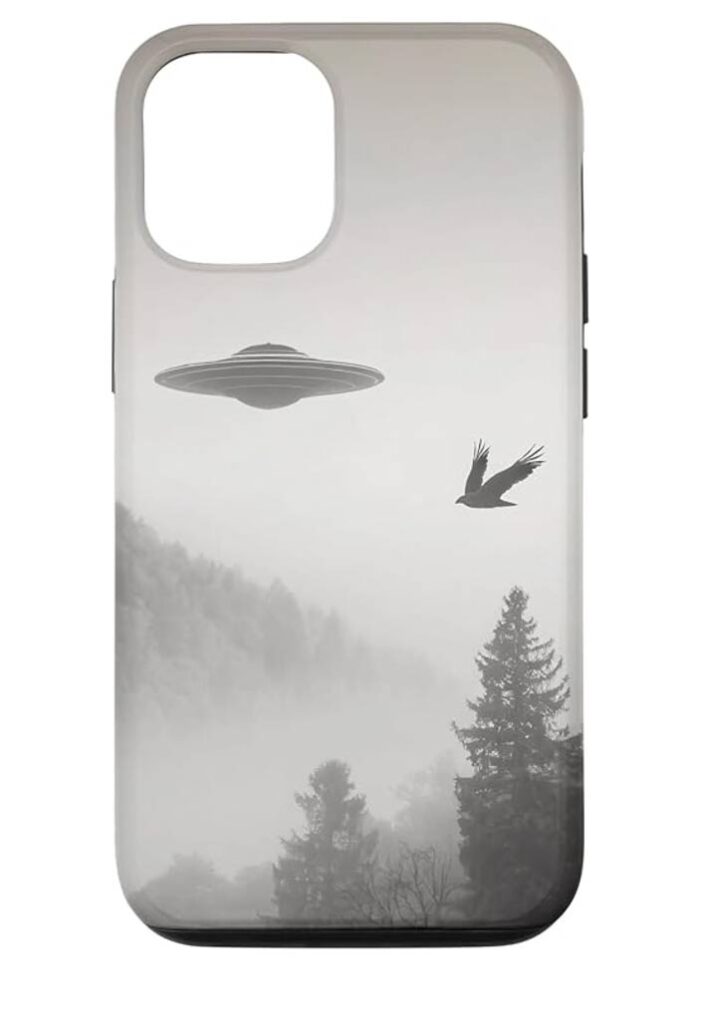 ufo in nature with bird iphone case black and white photograpy