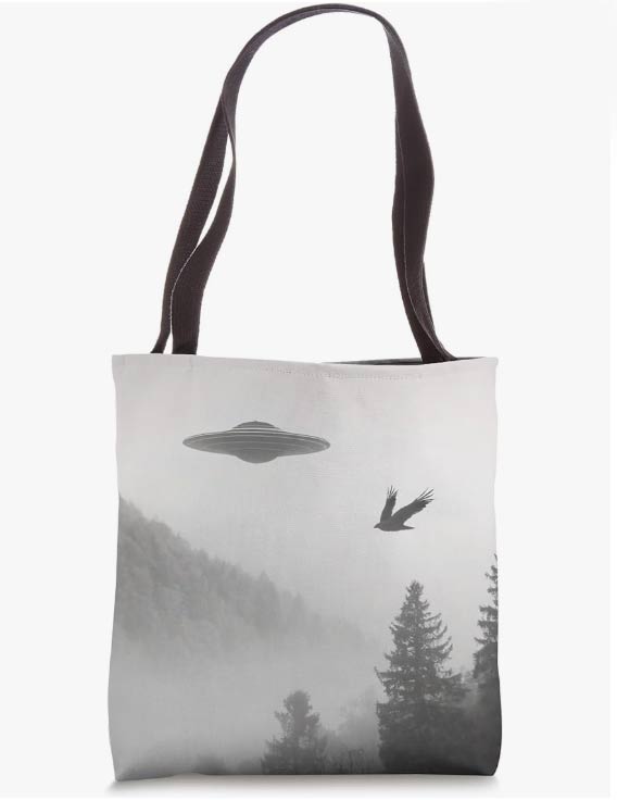 ufo in nature with bird tote bag black and white photograpy