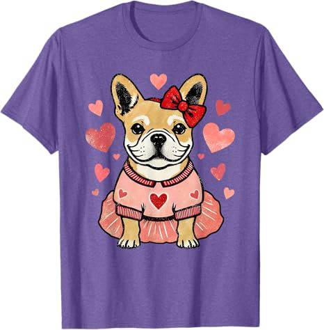 French Bulldog wearing a pink dress with red bow and surrounded by hearts.