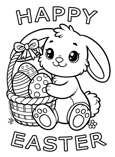 Happy Easter Basket Bunny Coloring Page Banner